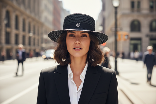 Black straw hat with a logo on a white background