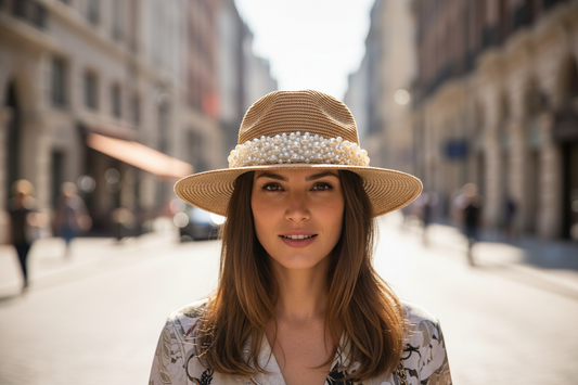 Beige straw hat with pearl embellishments on a white background
