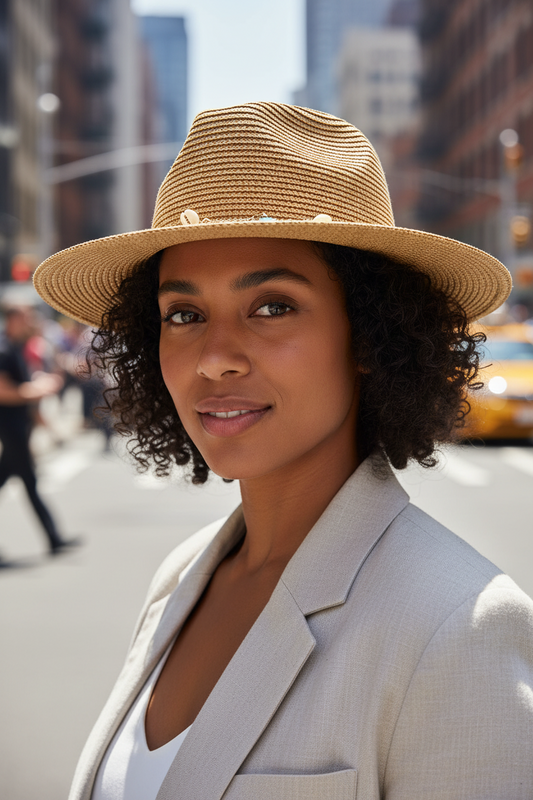 Beige straw hat with decorative chain and charms on a white background