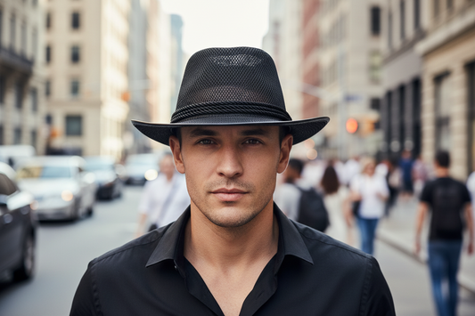 Black straw hat with mesh design on a white background