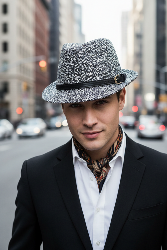 A black and white woven straw hat with a leather buckle and rivet detailing, featuring a short brim and bell-shaped top.