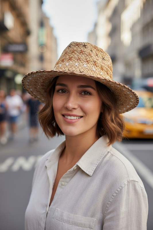 Woven straw hat with star pattern on a white background