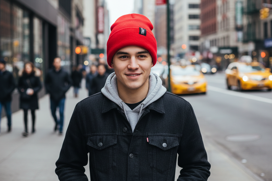 Red beanie with a black logo on a white background