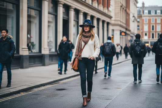 Navy blue fedora hat with a decorative band featuring a bull skull design on a white background.