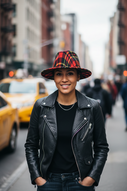 Plaid patterned hat on a white background