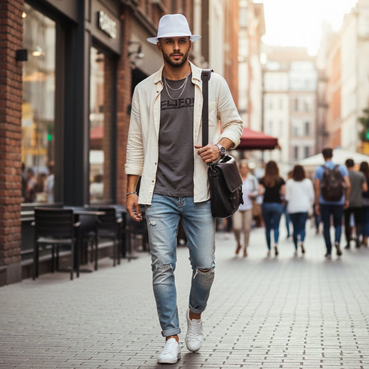 White fedora hat on a textured surface with sunglasses in the background