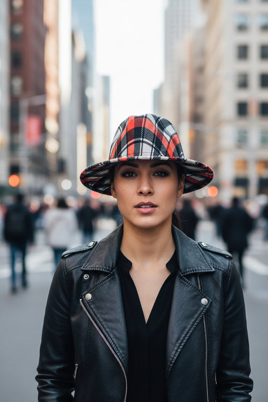 Plaid patterned hat with red interior on a white background