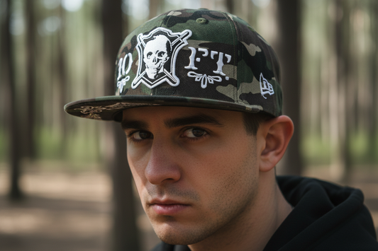 Camouflage cap with a skull and crossbones design on a white background
