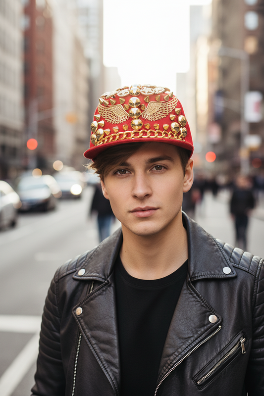 Red cap with gold embellishments on a white surface