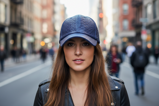 Blue textured baseball cap on a white background