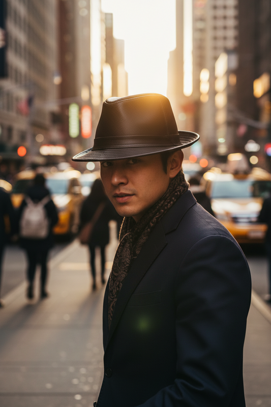 A black leather fedora hat.
