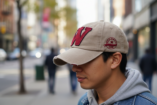 A navy blue baseball cap with a yellow 'W' logo on the front and a patch on the side.