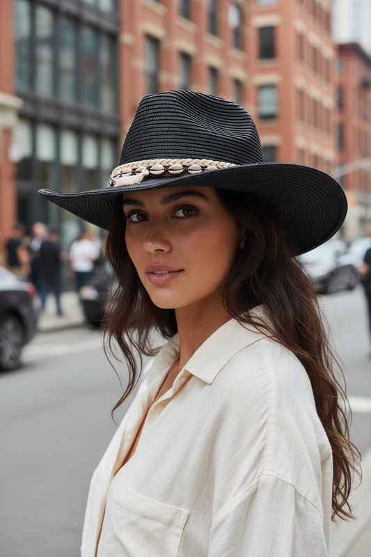A green straw sun hat with shell tassel detailing around the crown.