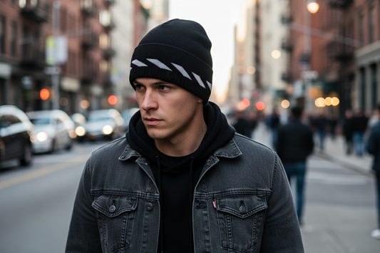Black beanie with white logo on a white background