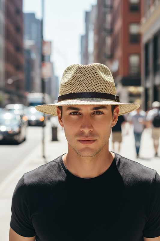 Beige straw hat with a black band on a white background