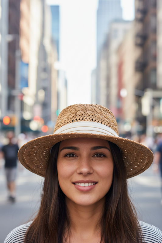 Brown straw hat with a white band on a white background