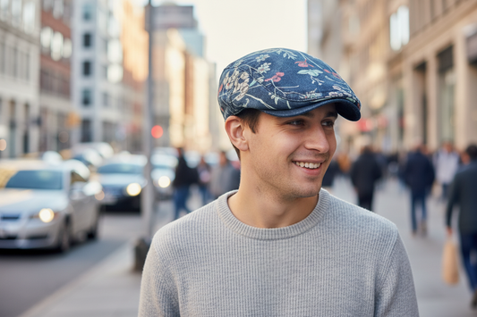 Floral-patterned denim cap on a white background