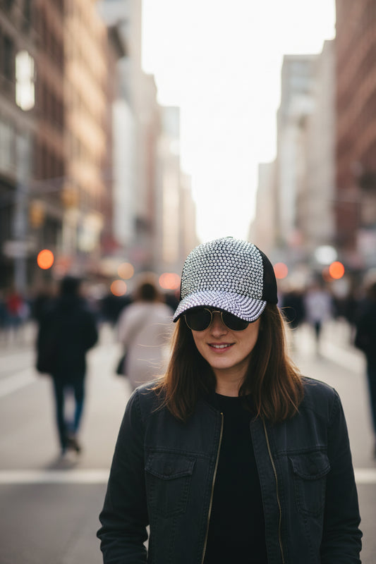 Black cap with a bedazzled front panel on a white background