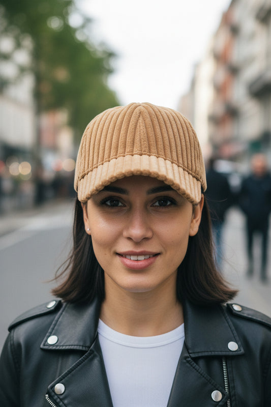 A collection of striped corduroy baseball caps in various solid colors, with the main focus on a black cap featuring a textured fabric.