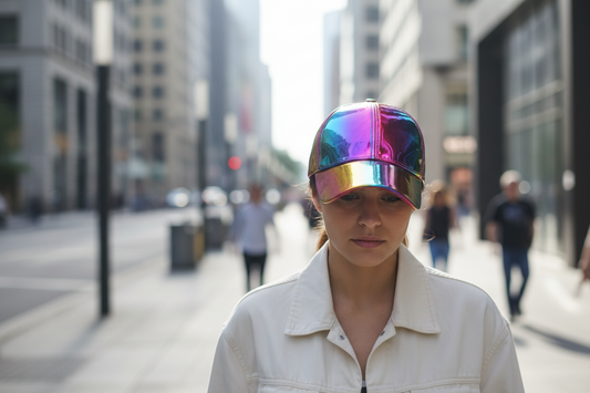 Multicolored metallic cap on a white background