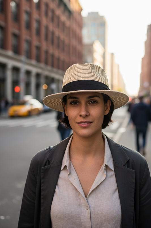 Beige straw hat with a black band on a white background