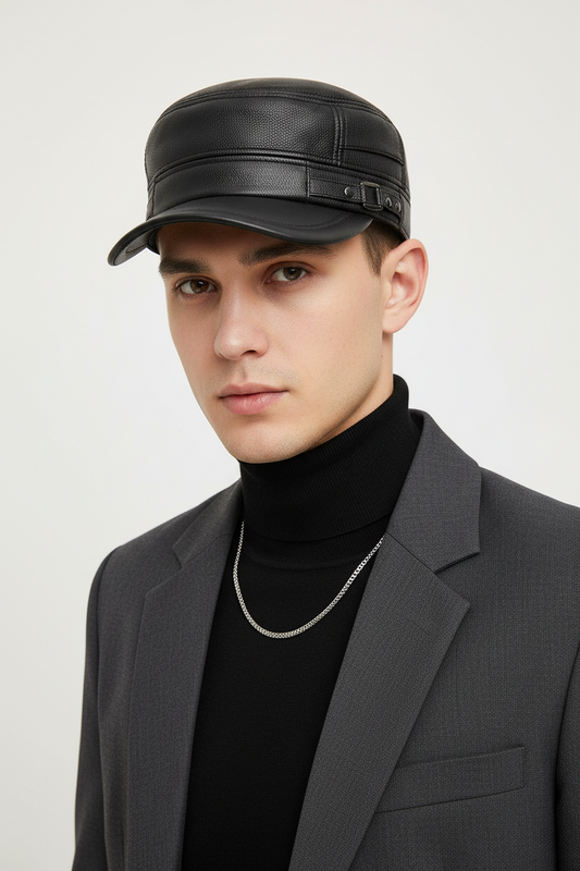 Vermont Leather Flat Cap with Wide Brim