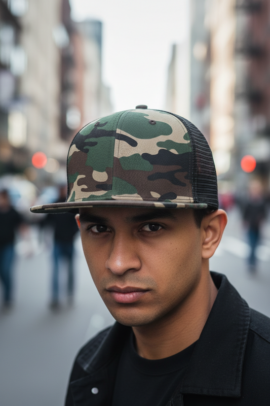Camouflage trucker hat with black mesh back on a white background