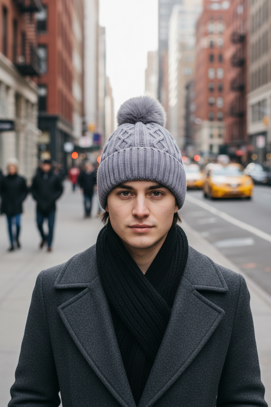 Knitted beanie with a gray pom-pom on a white background