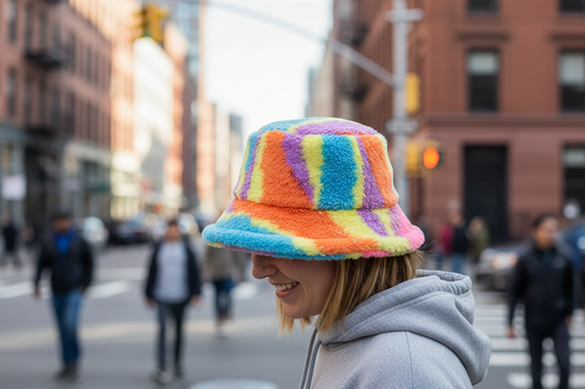 Multicolored striped bucket hat on a white background