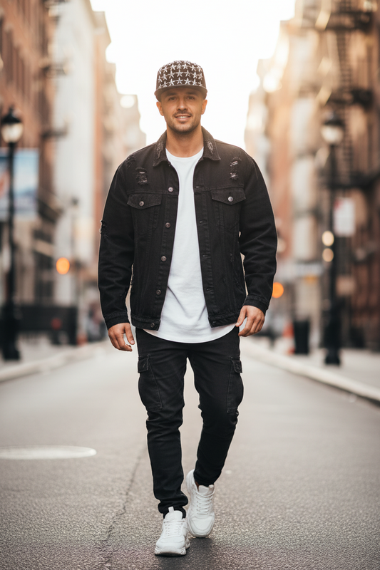 Black cap with silver star patterns on a white background