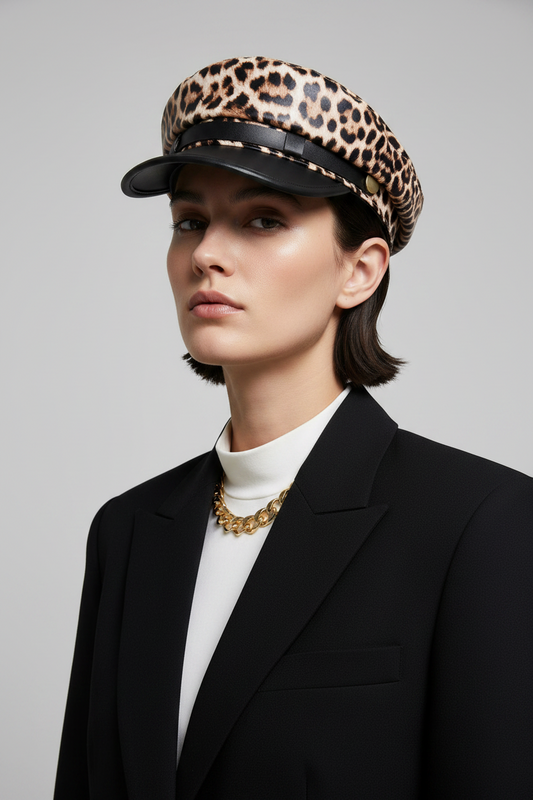 Finn Leopard Print Faux Leather Beret Hat