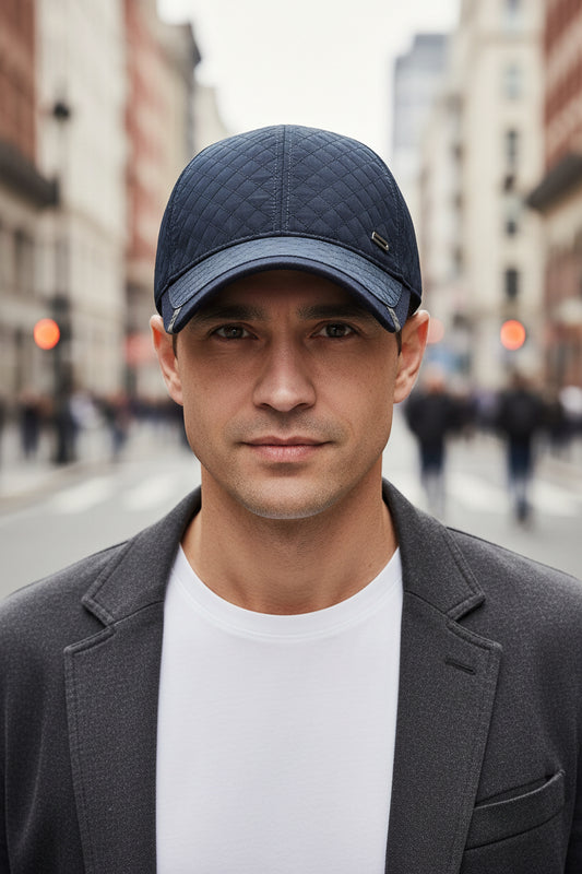Three cotton hats for men presented in black, blue, and grey colors, featuring a padded and thickened design.