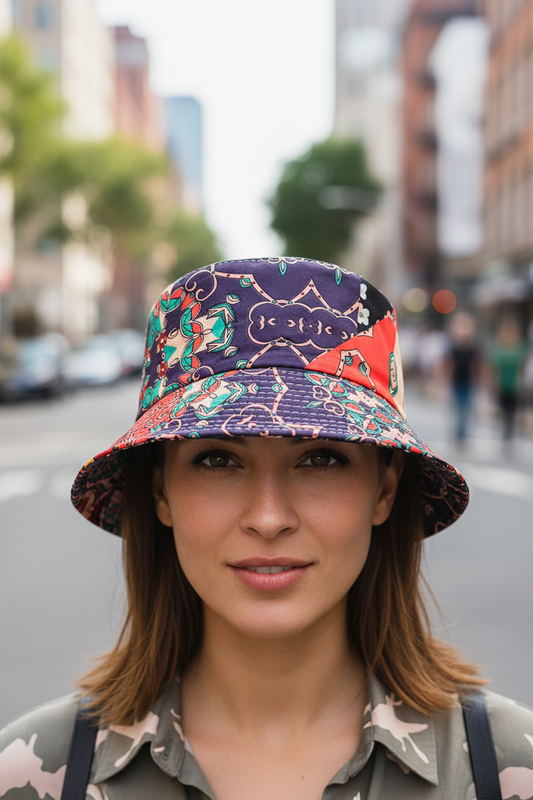 Colorful patterned bucket hat on a white background