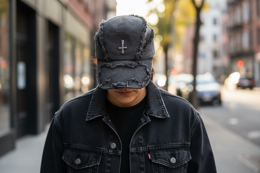 Distressed denim cap with a cross emblem on a concrete surface