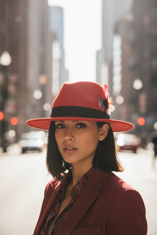 Red fedora hat with a black band and feather on a white background