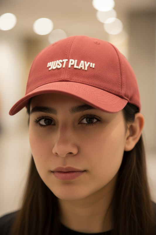 Two baseball caps, one white and one black, each with the text 'JUST FLY' embroidered on the front.