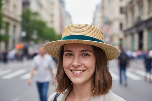 Two straw hats with flat tops, one with a green velvet ribbon and the other with a pink velvet ribbon.