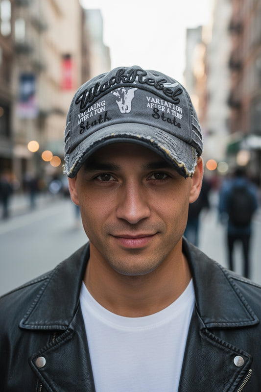 This image features a stylish, washed full cap with a vibrant and distinctive design. The cap is characterized by its curved brim and an embroidered patch on the front that reads "Wanted after a time State.