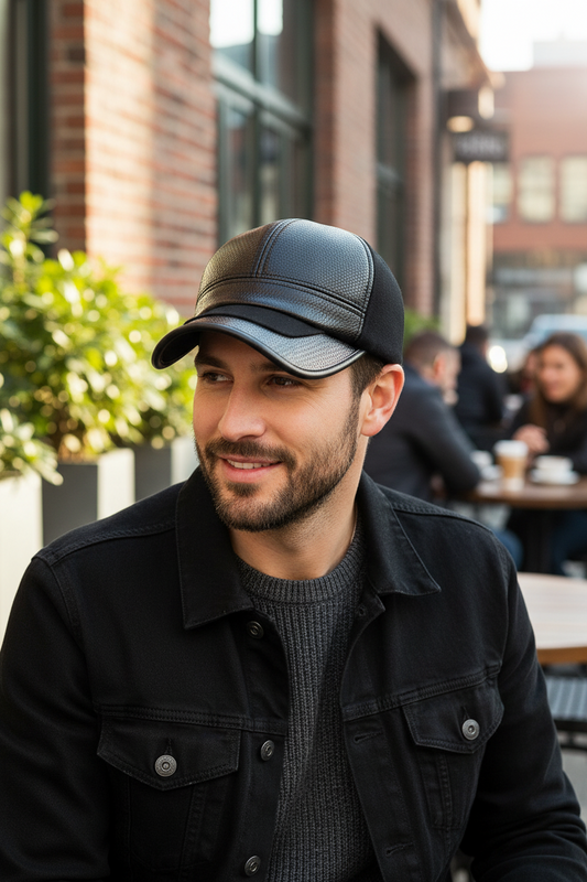 Black leather cap on a white background