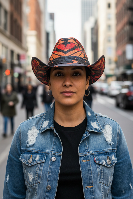 Colorful cowboy hat with a black band on a white background