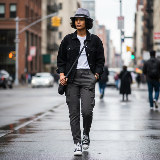 A black and white houndstooth patterned sun hat with a flat top and wide brim, displayed on a dark background with glasses in the corner.