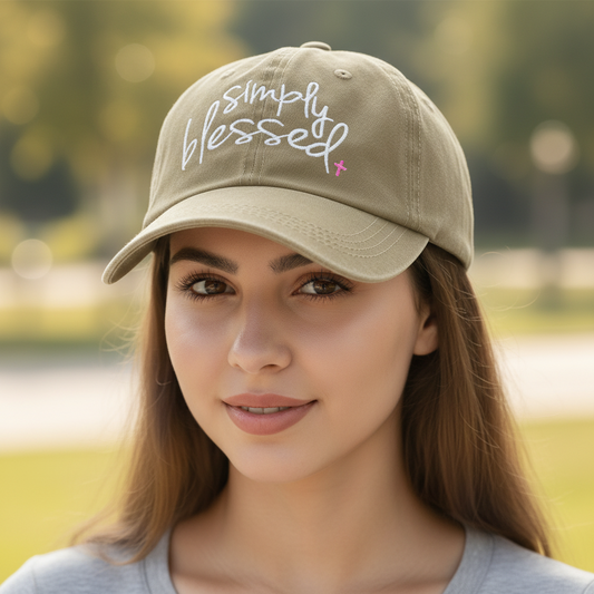 A collection of baseball caps in various colors, each featuring the text 'simply blessed' embroidered on the front.
