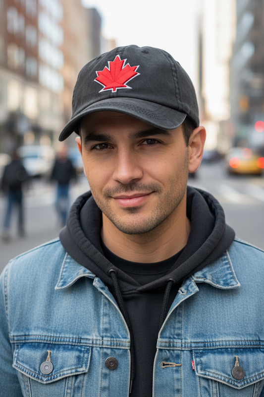 Three baseball caps in black, green, and blue colors, each featuring a red embroidered maple leaf on the front.