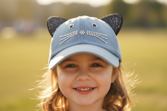A collection of denim baseball caps with cute cat ears and decorative diamonds, available in adult and children's sizes.