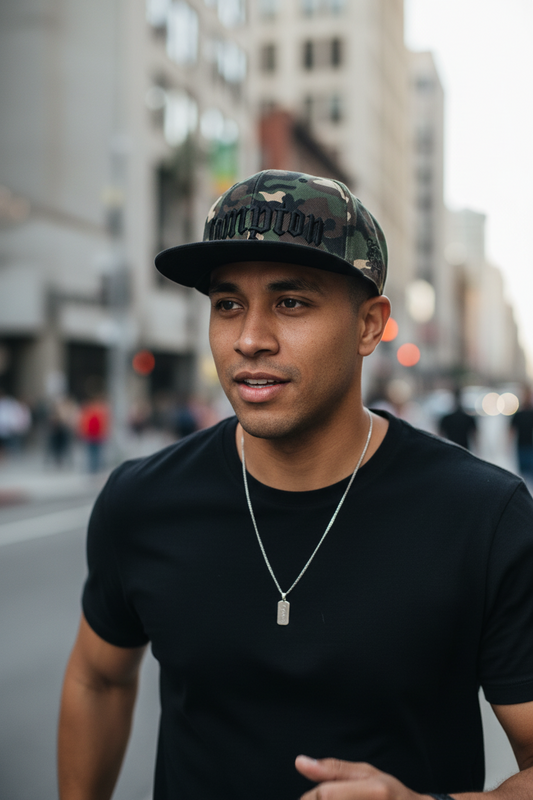 Camouflage cap with 'Compton' text on a white background