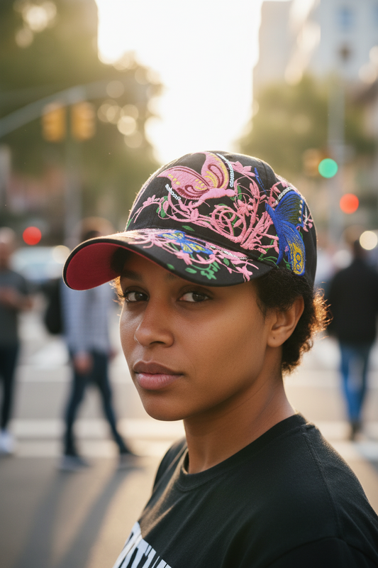 Black cap with colorful butterfly embroidery on a white background