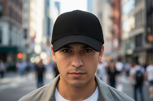 A collection of baseball caps in various solid colors, displayed in a row, with a single cap showcased in a larger size in the front.