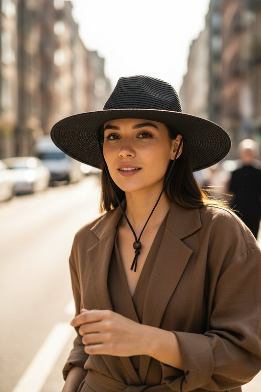 Black straw hat with wide brim on a white background