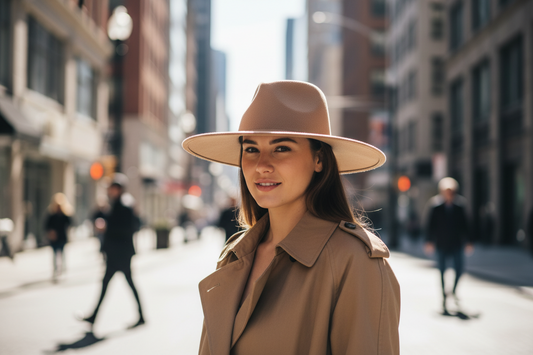 A two-tone wide-brimmed hat with a darker crown and a lighter brim, placed on a plain background.