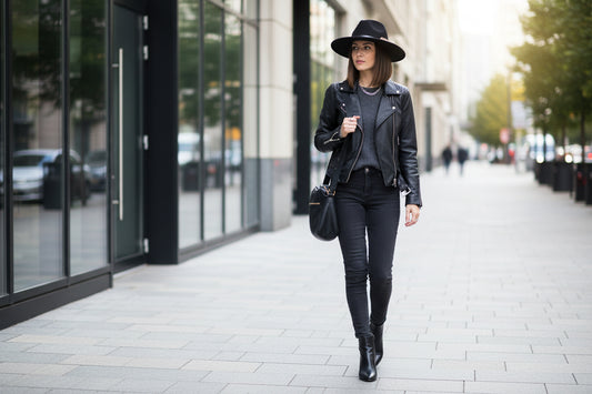 A black fedora hat with a gold decorative detail on the brim.